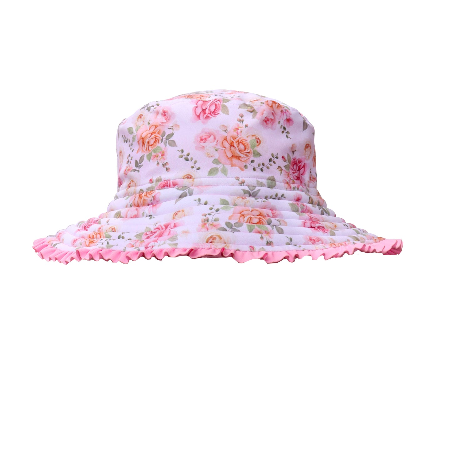Floral bucket hat with pink trim on a white background