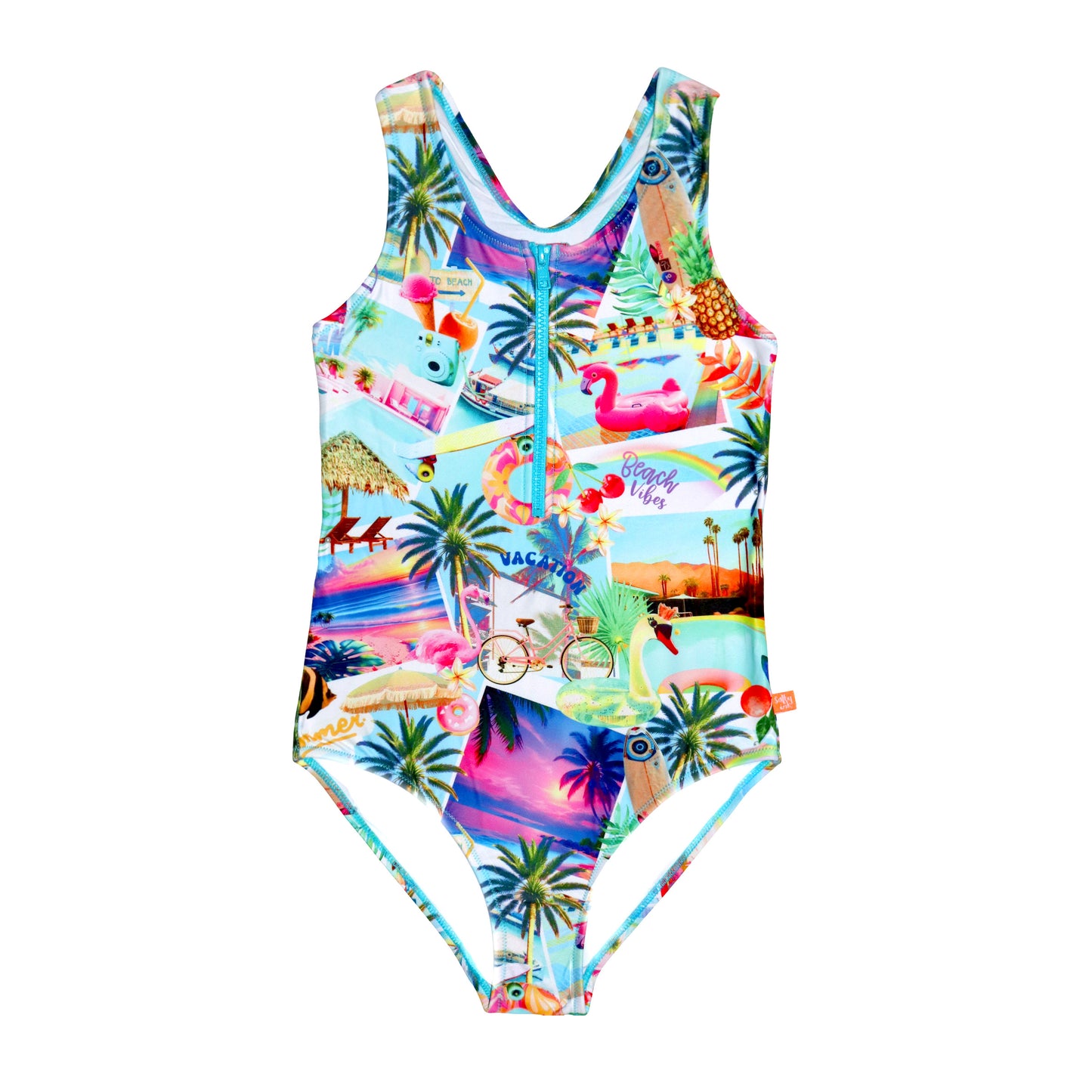 Colorful swimsuit with tropical pattern on a white background