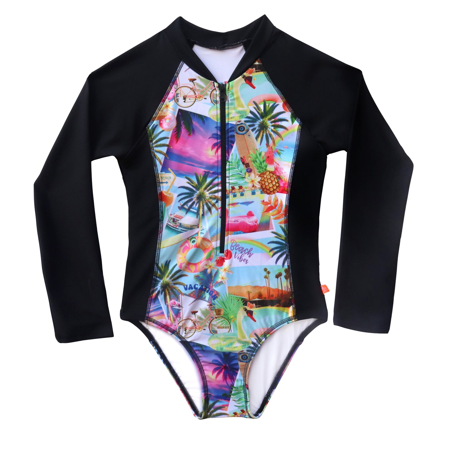 Colorful swimsuit with long-sleeve top and tropical design on a white background