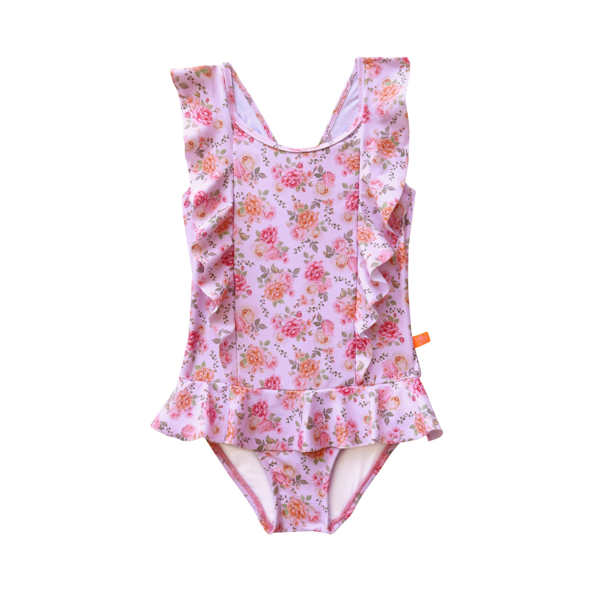 Floral swimsuit with ruffles on a white background