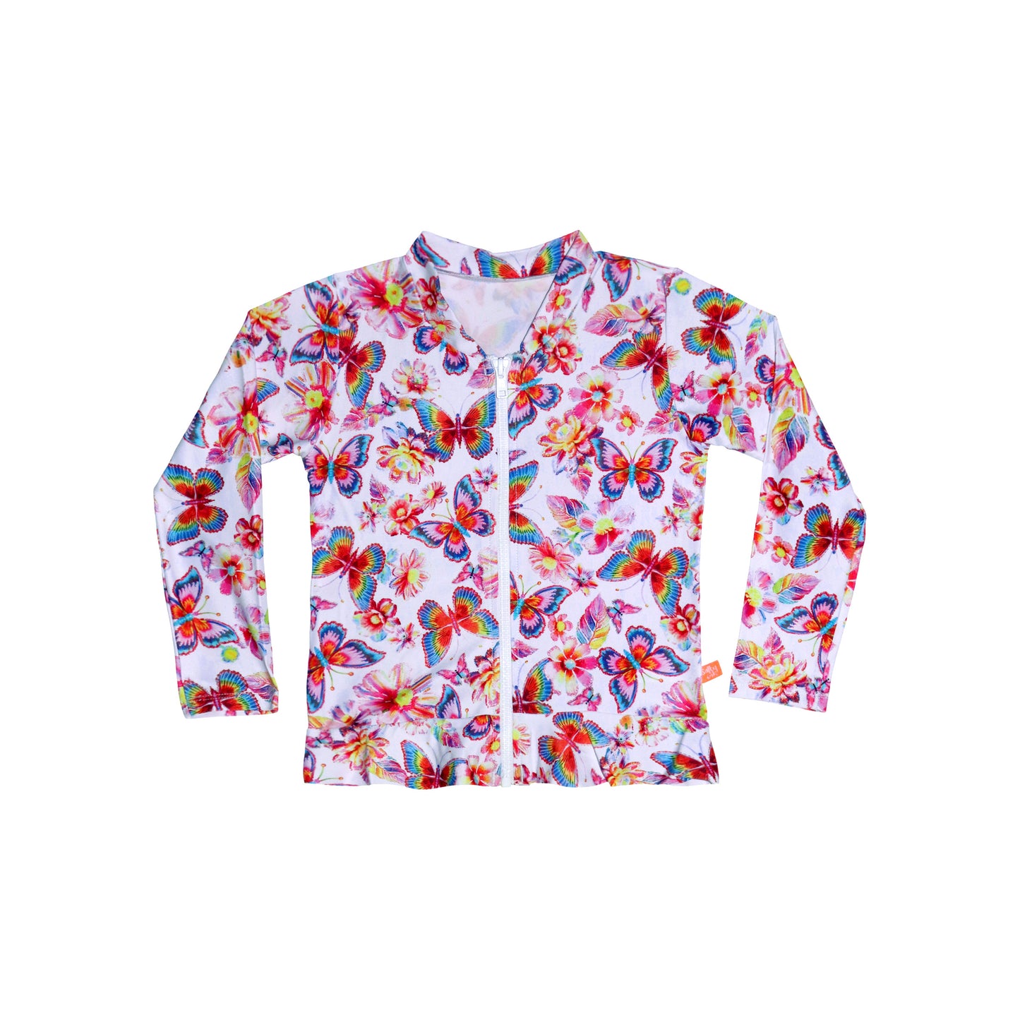 Colorful butterfly-patterned shirt on a white background
