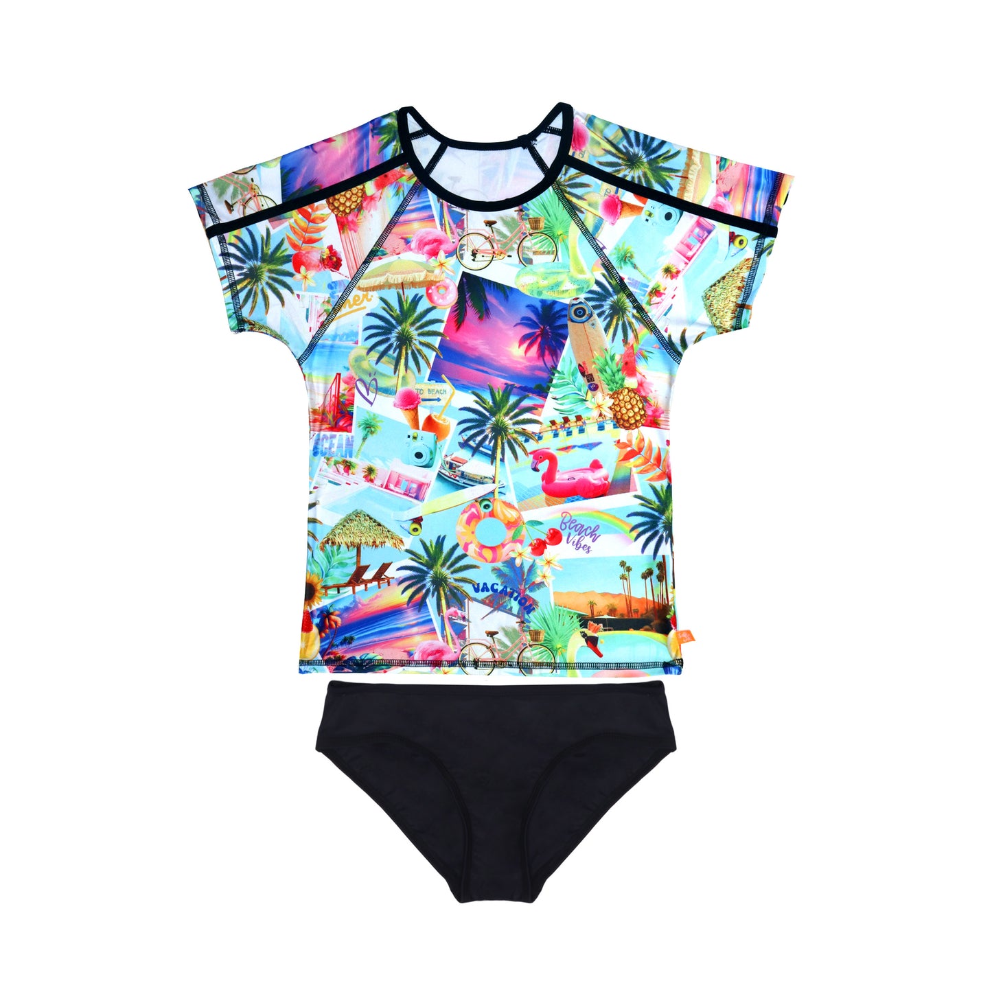 Colorful tropical-themed swimsuit with black bottom on a white background