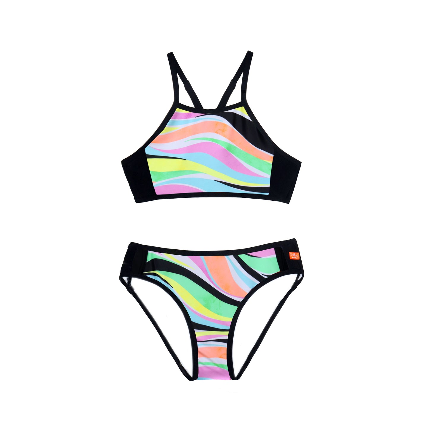 Colorful bikini set with black straps on a white background