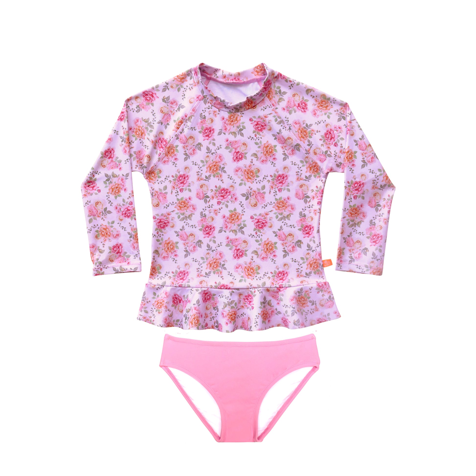 Floral long-sleeve rash guard and pink swim bottoms on a white background