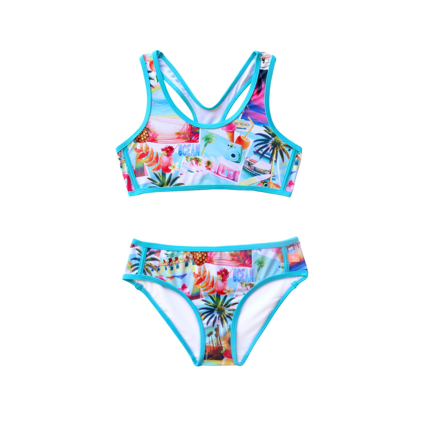Colorful bikini set with tropical print on a white background