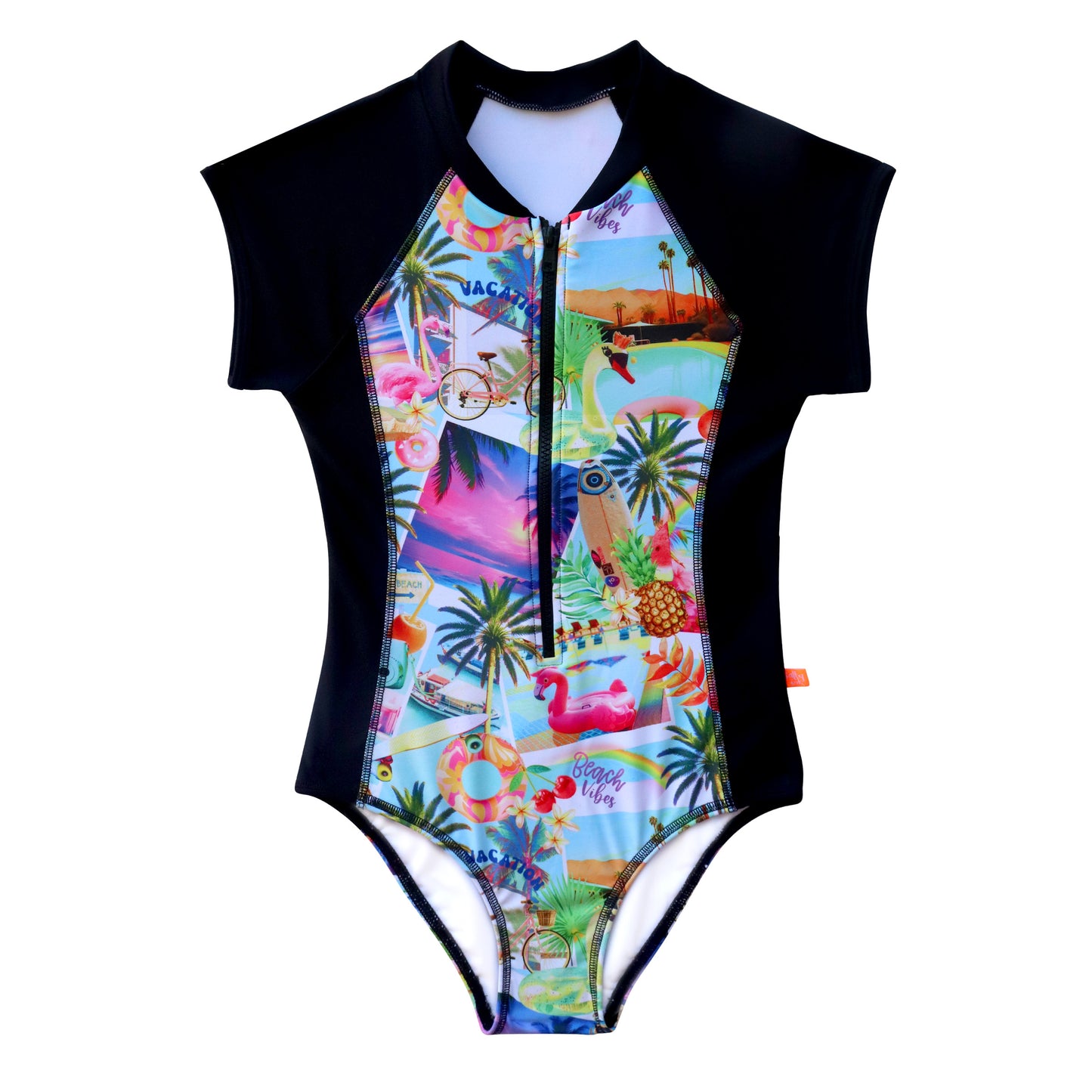 Colorful swimsuit with a tropical design on a white background