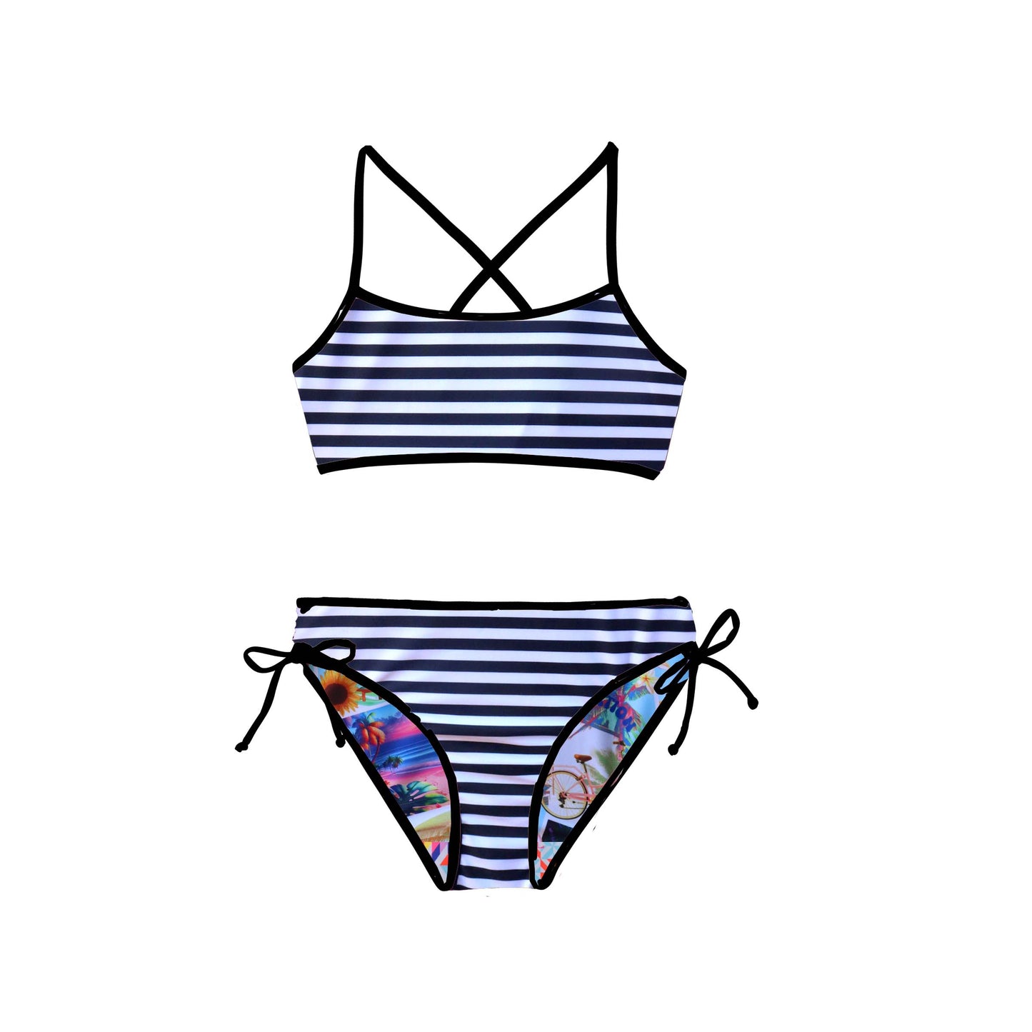 Striped bikini set with colorful bottom design on a white background