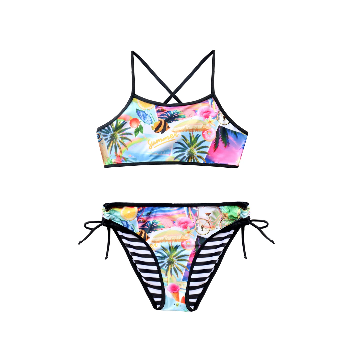 Colorful bikini set with tropical pattern on a white background