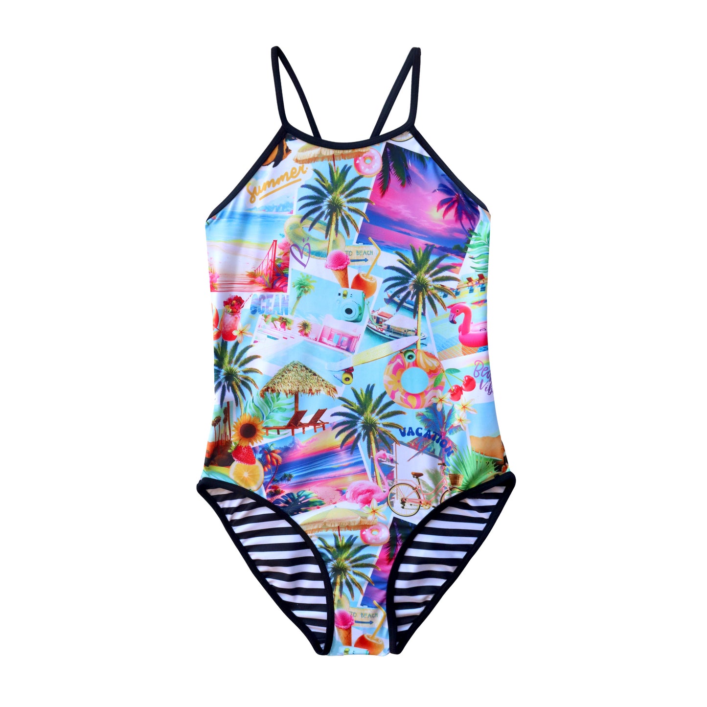 Multicolored swimsuit with tropical pattern on a white background