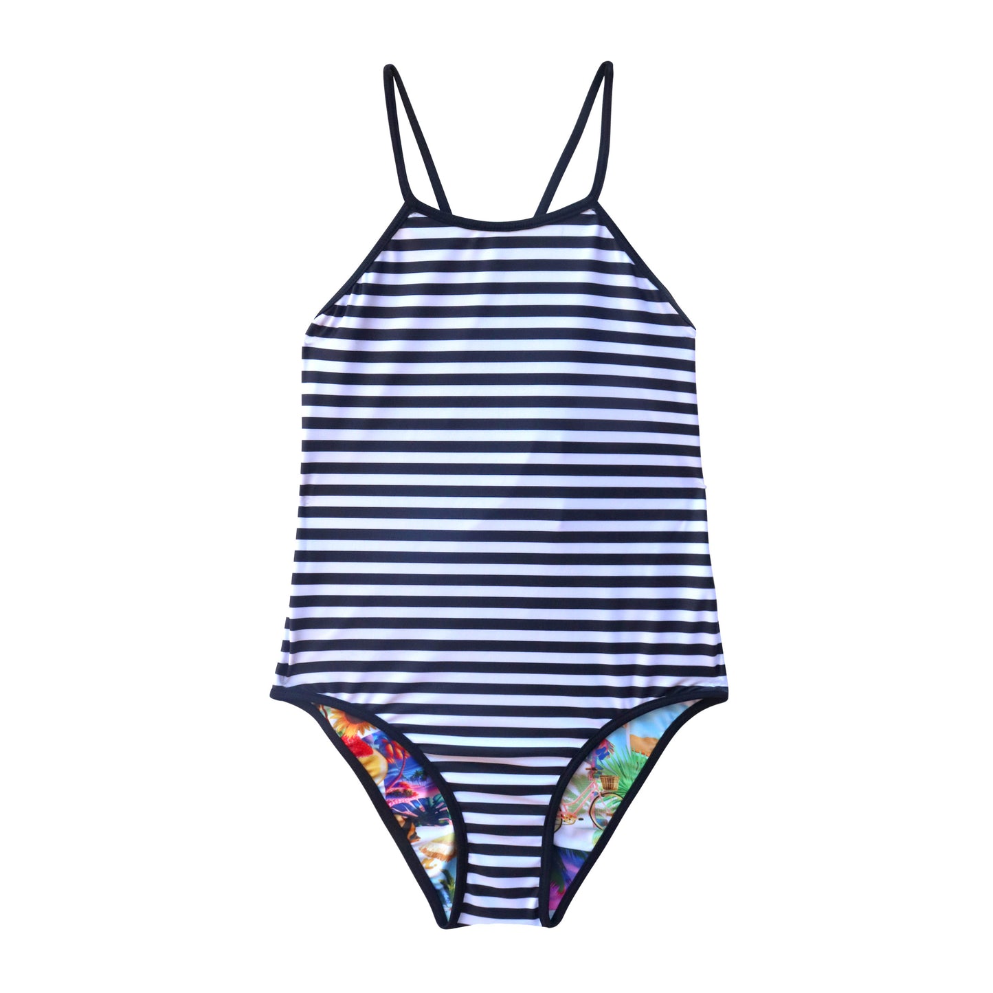 Striped swimsuit with colorful bottom section on a white background