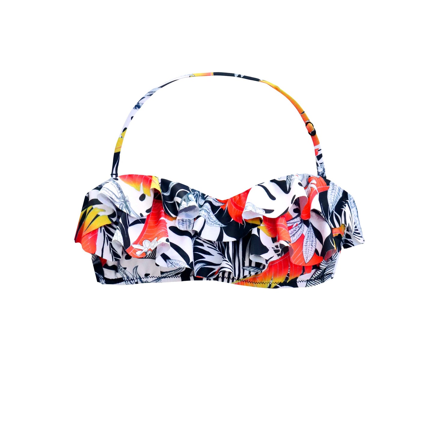 Multi-coloured bandeau ruffle top with floral pattern on a white background