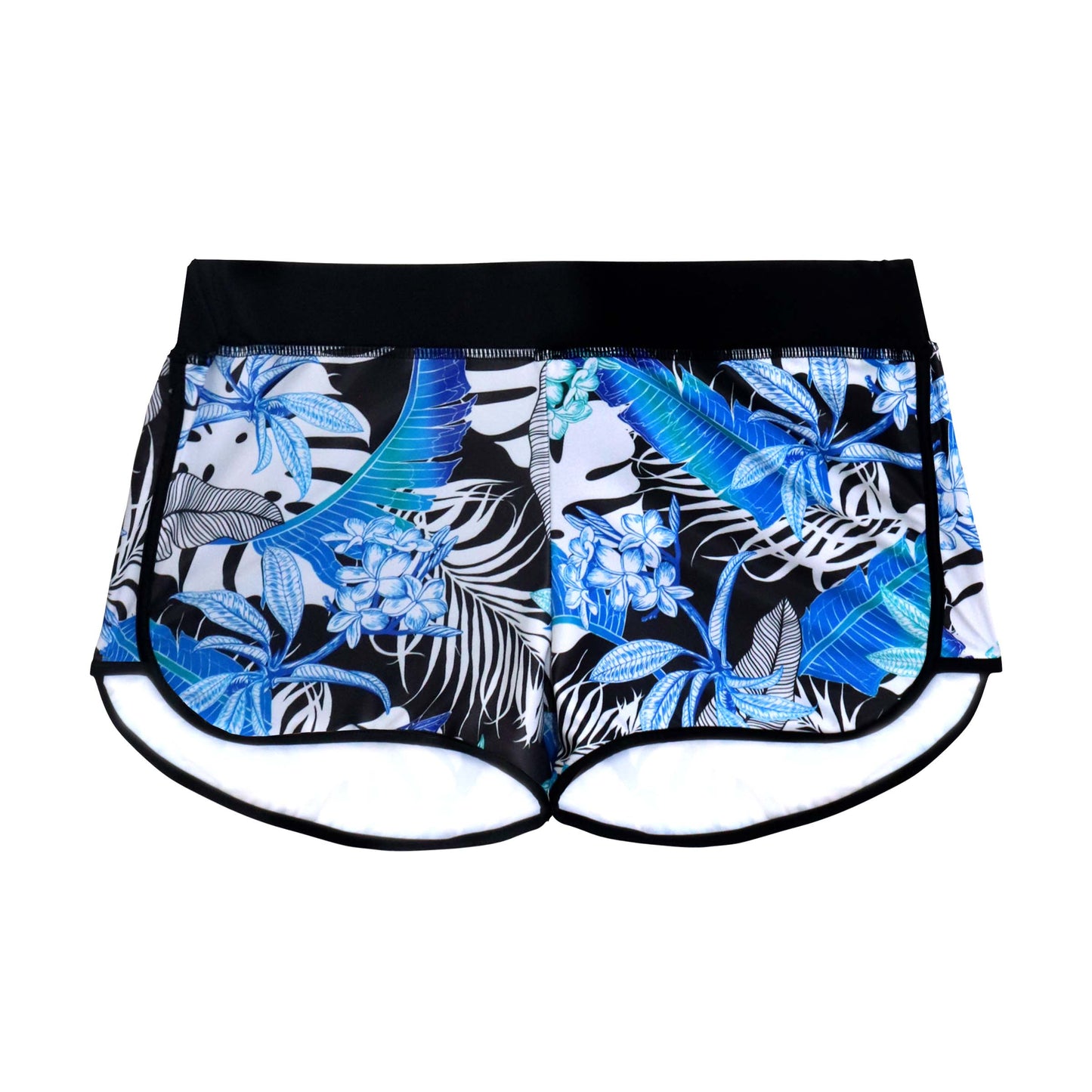 Blue and black floral patterned swim shorts on a white background