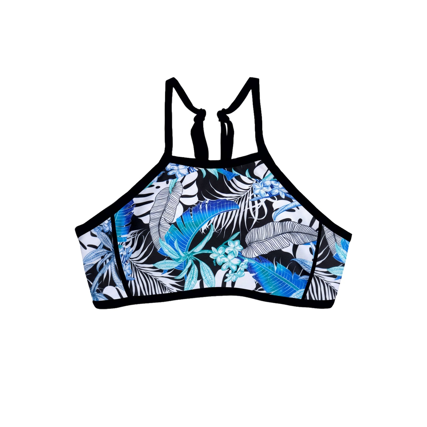 Tropical leaf patterned sports bra on a white background
