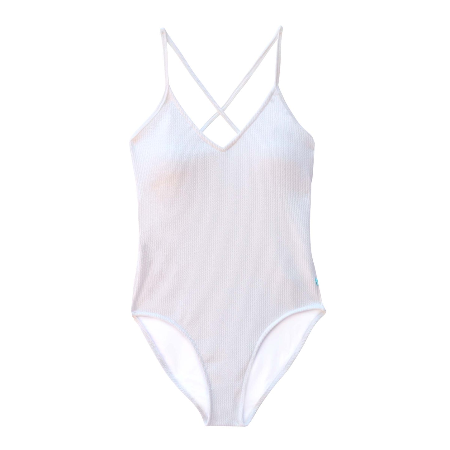White swimsuit with thin straps on a white background