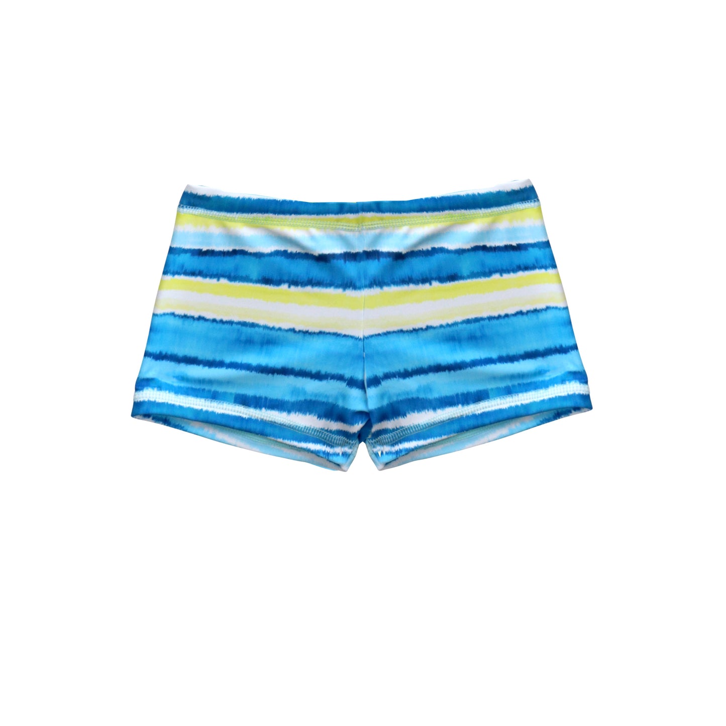 Striped boys swim shorts with blue, yellow, and white pattern on a white background