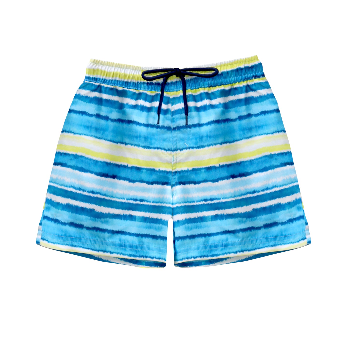 Blue and yellow striped salty ink boys swim shorts on a white background