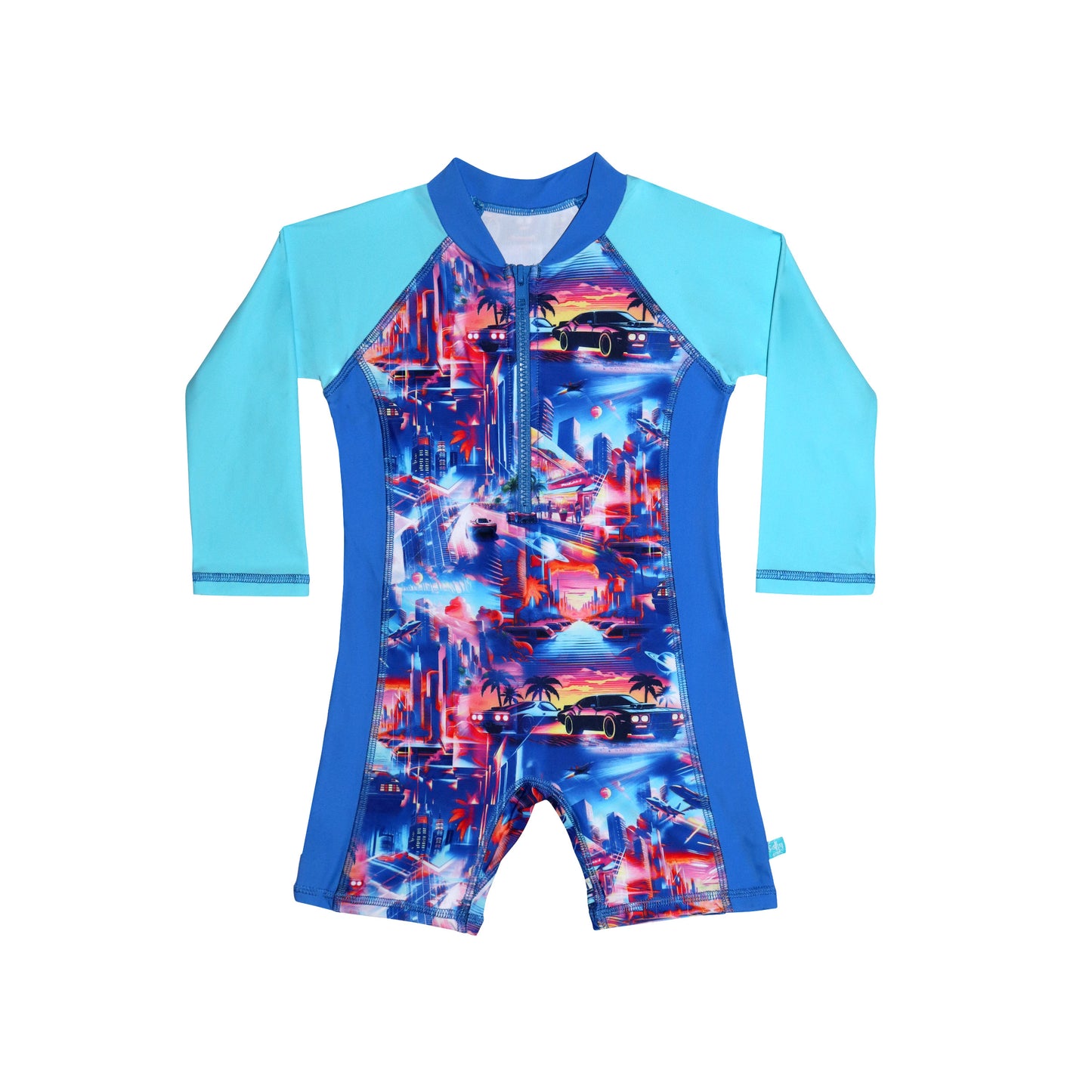 Children's all in one swimsuit with cityscape design on a white background