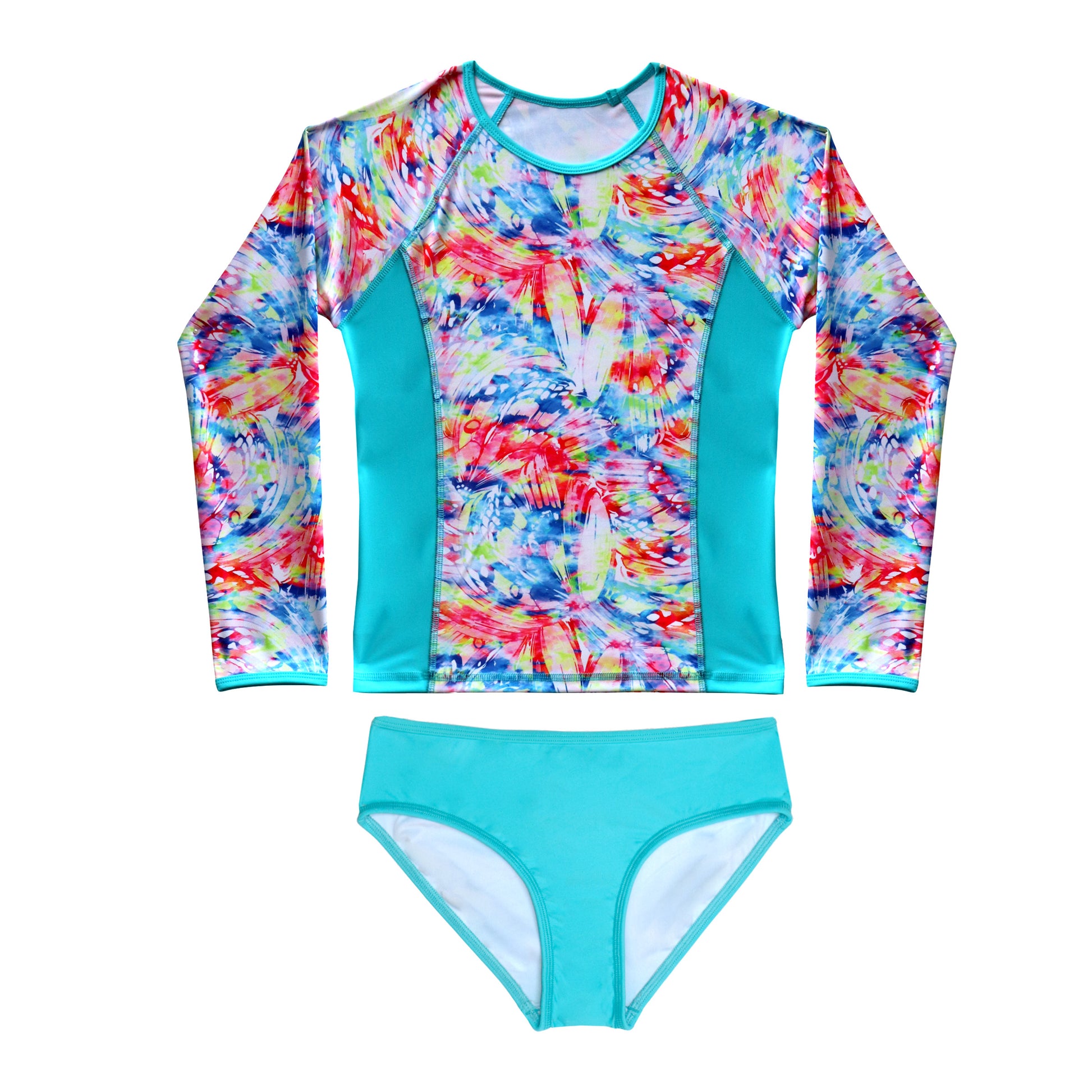 Colorful tie-dye long-sleeve rash vest top and matching shorts on a white background