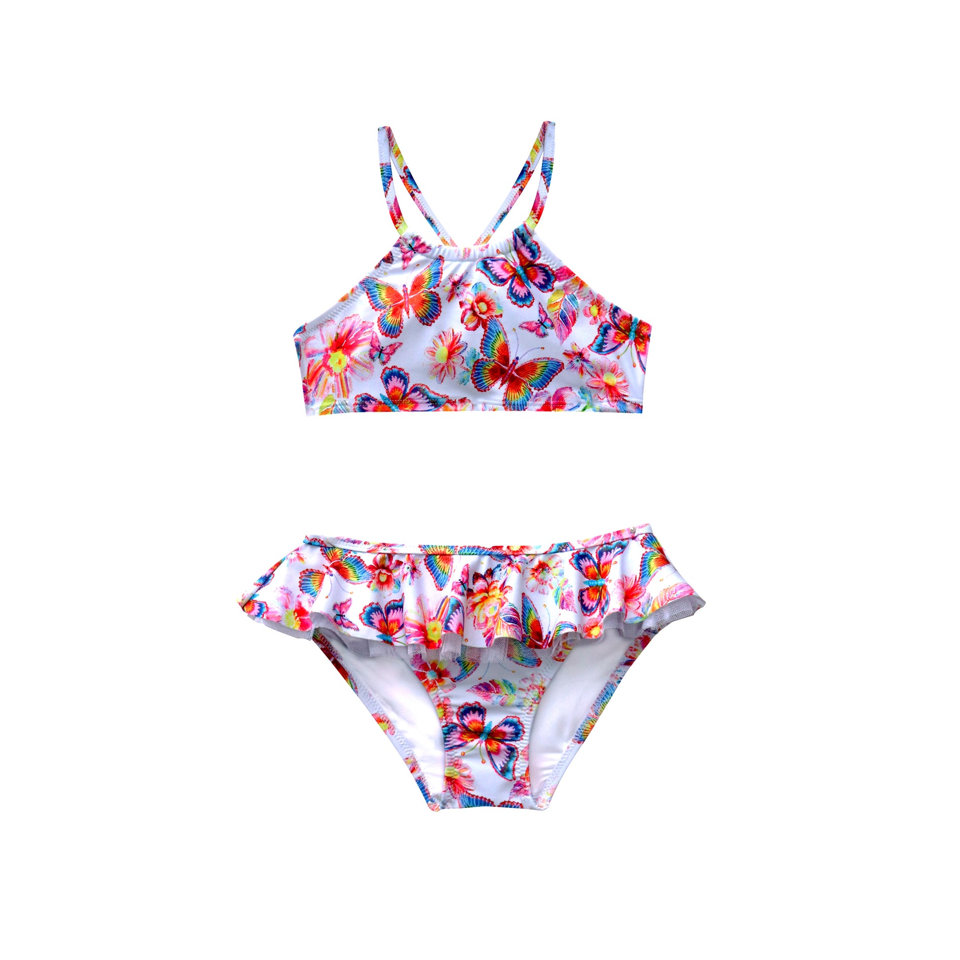 Colorful butterfly-patterned bikini set on a white background