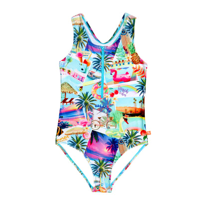 Colorful swimsuit with tropical pattern on a white background