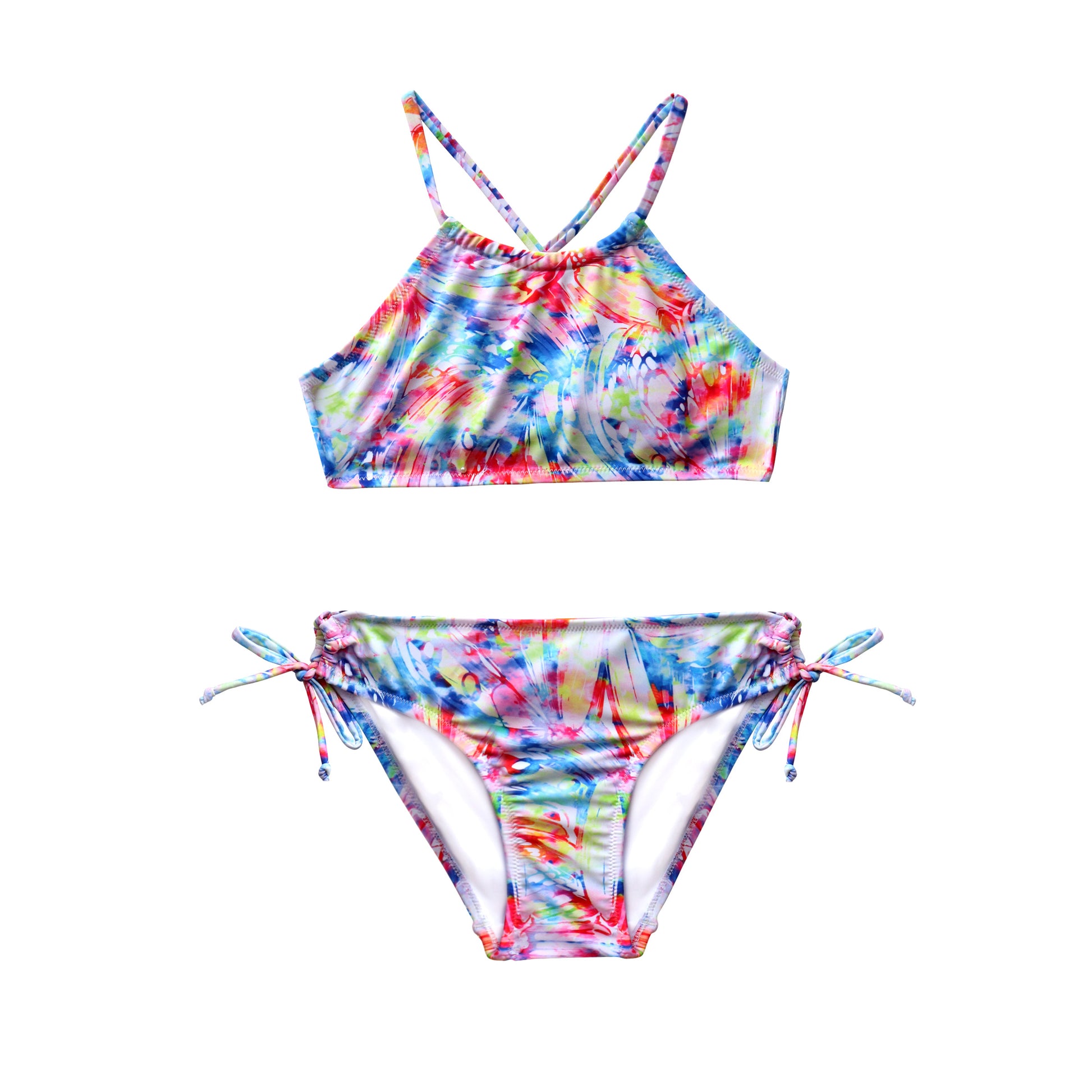 Colorful tie-dye bikini set on a white background