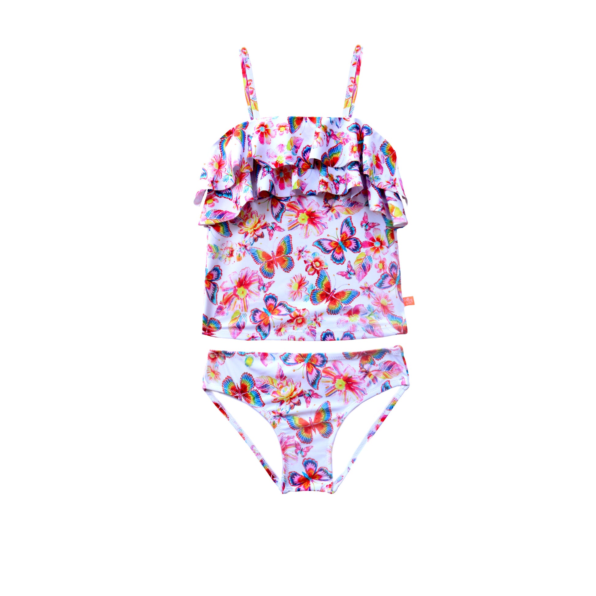 Children's two-piece swimsuit with butterfly pattern on a white background