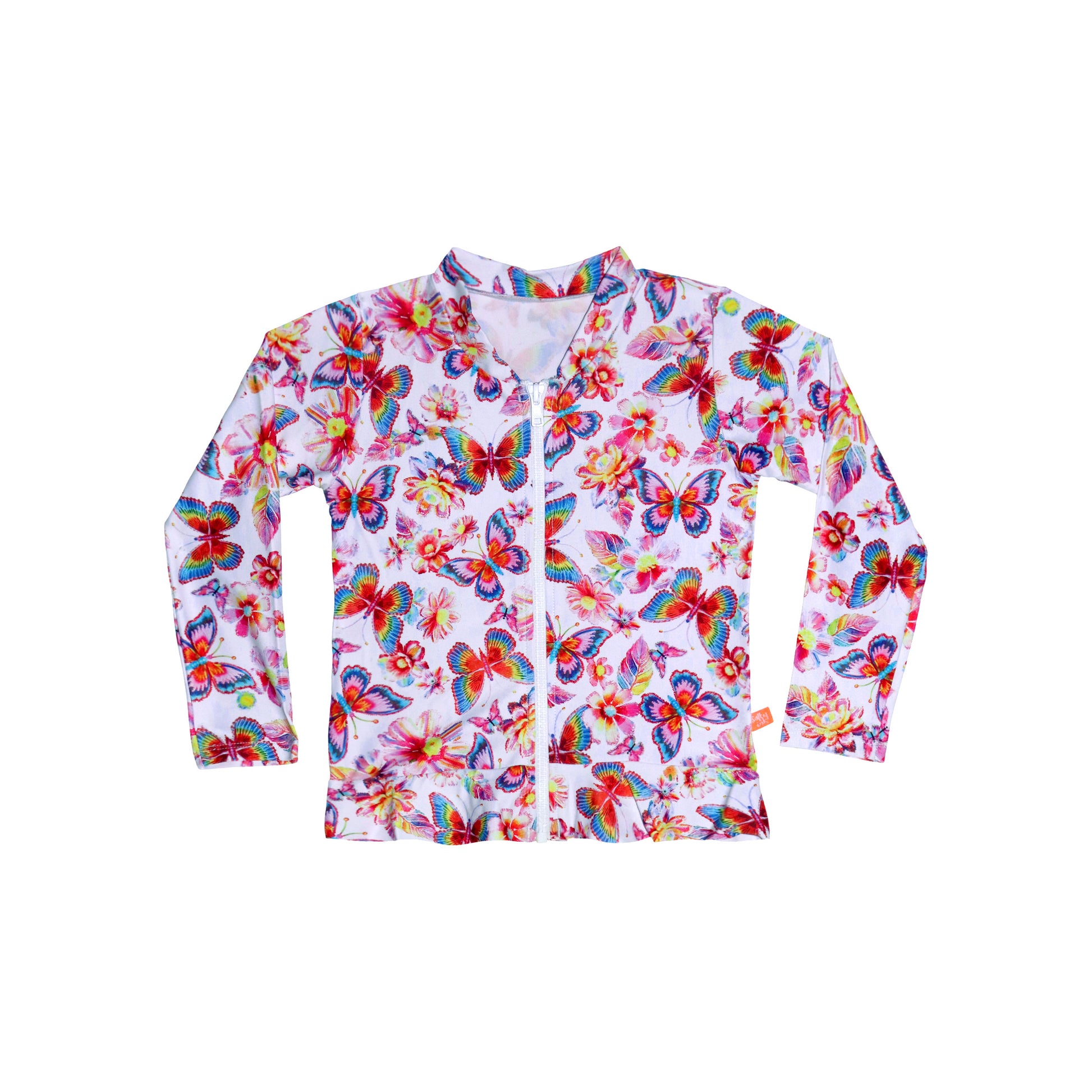 Colorful butterfly-patterned shirt on a white background