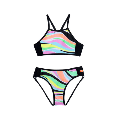 Colorful bikini set with black straps on a white background