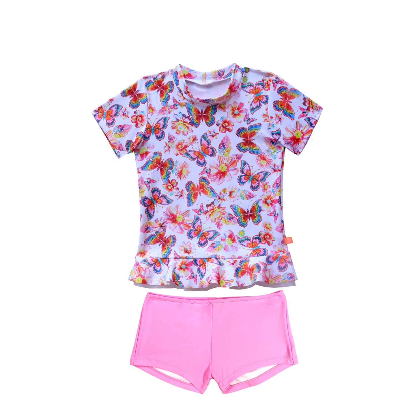 Children's butterfly-patterned top and pink shorts set on a white background