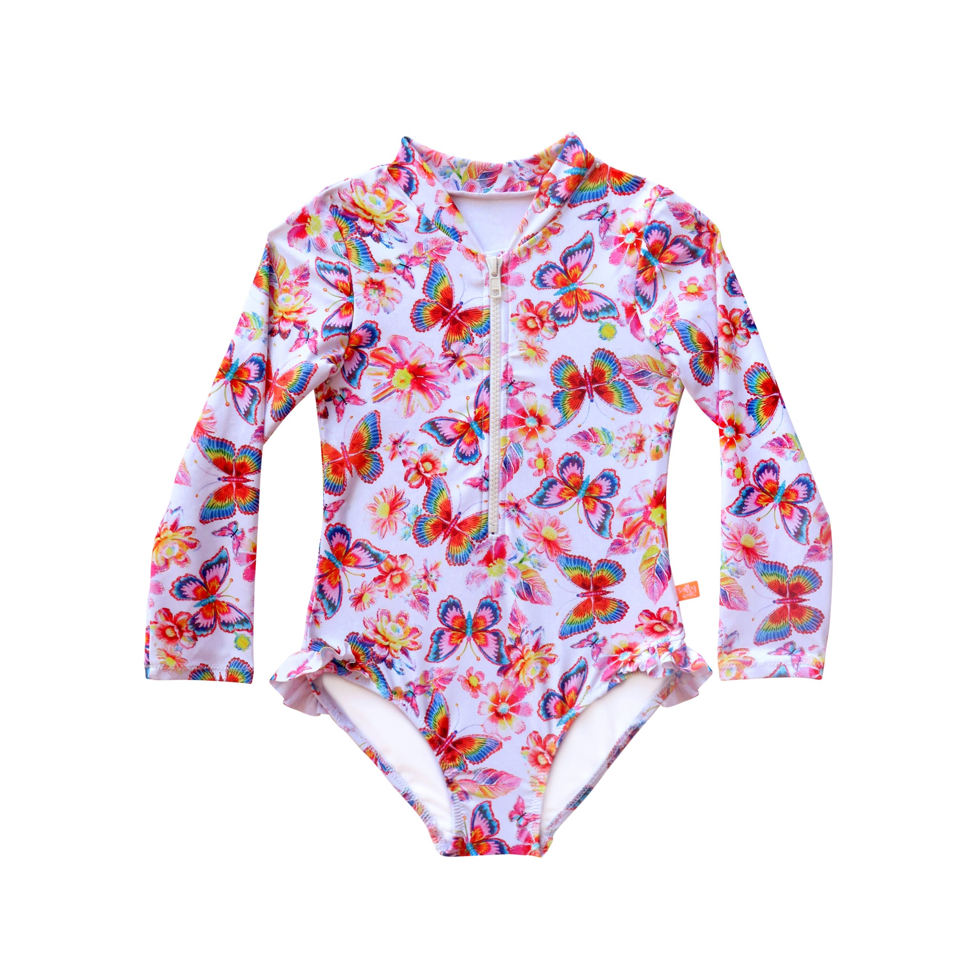 Colorful butterfly-patterned swimsuit with long sleeves on a white background