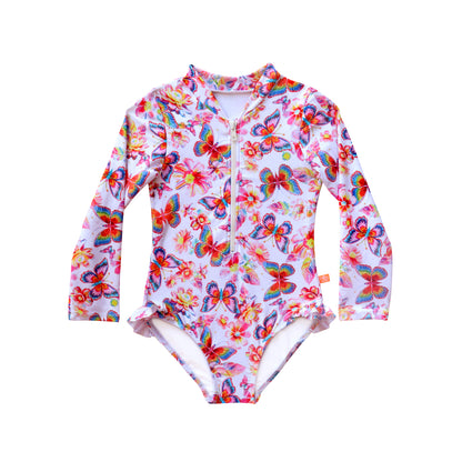 Colorful butterfly-patterned swimsuit with long sleeves on a white background