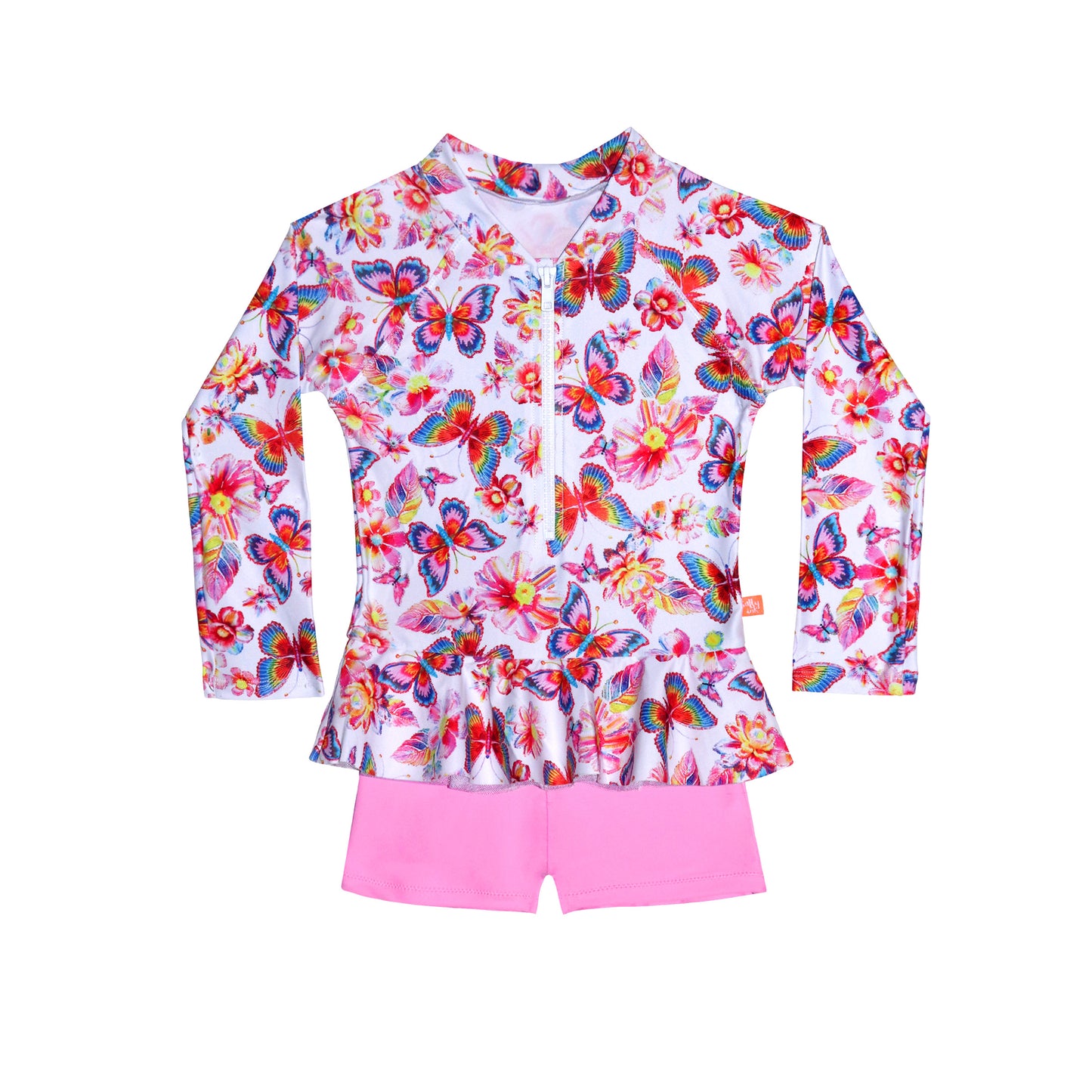 Children's long sleeve swimsuit with colorful butterfly pattern on a white background