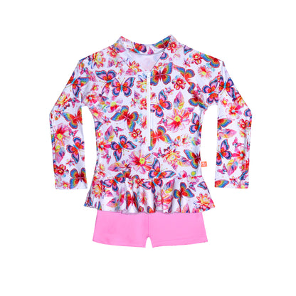 Children's long sleeve swimsuit with colorful butterfly pattern on a white background