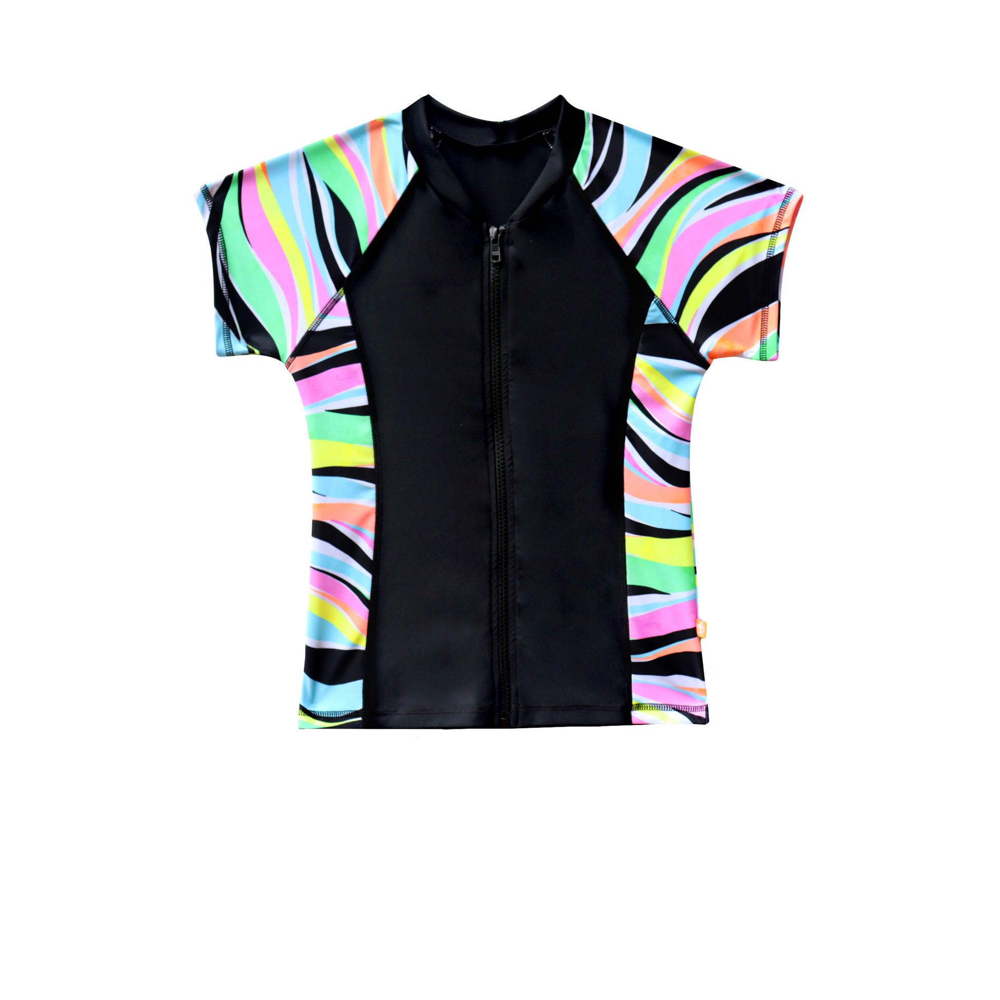 Black swimsuit with colorful striped sleeves on a white background