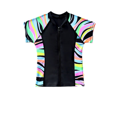Black swimsuit with colorful striped sleeves on a white background