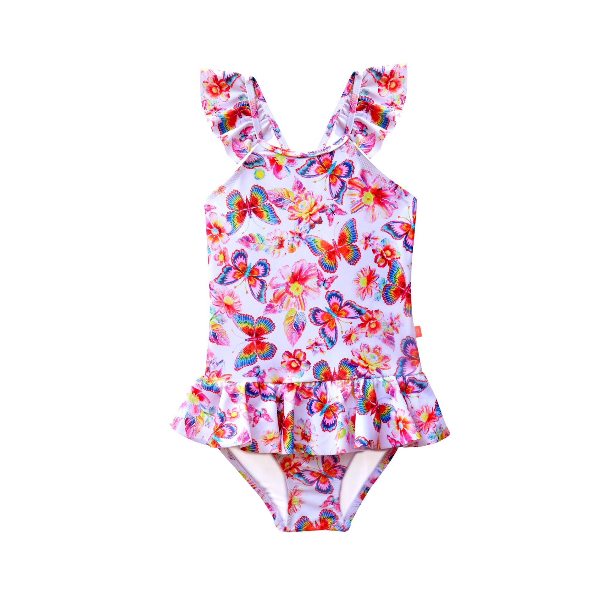 Children's swimsuit with colorful butterfly pattern on a white background