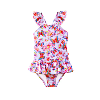 Children's swimsuit with colorful butterfly pattern on a white background