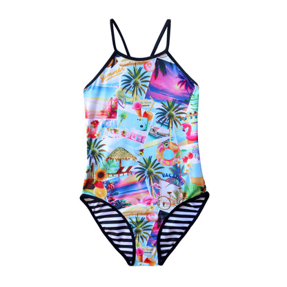 Multicolored swimsuit with tropical pattern on a white background