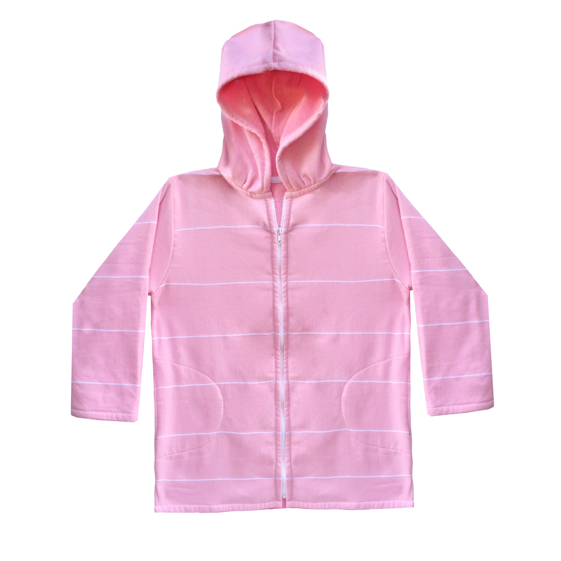 Pink hooded jacket with white stripes on a white background