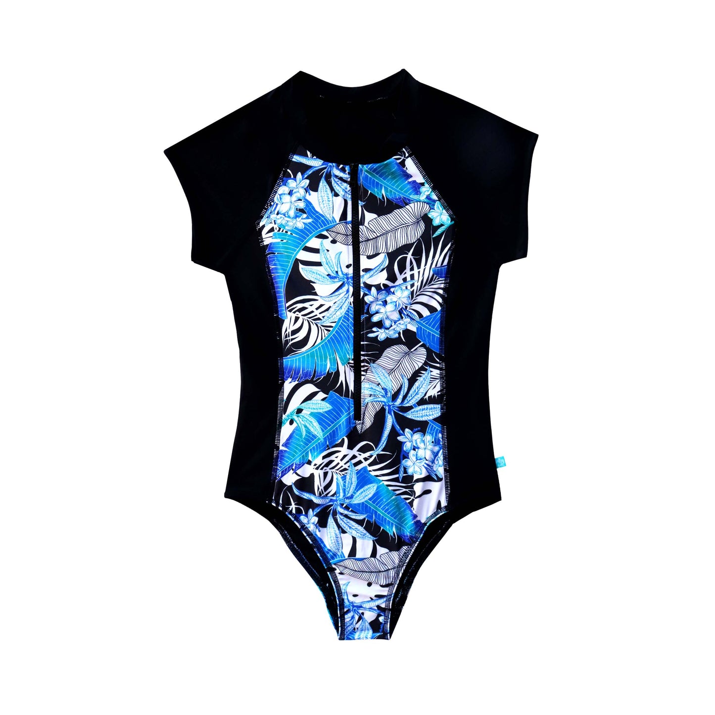 Black swimsuit with blue floral pattern on a white background