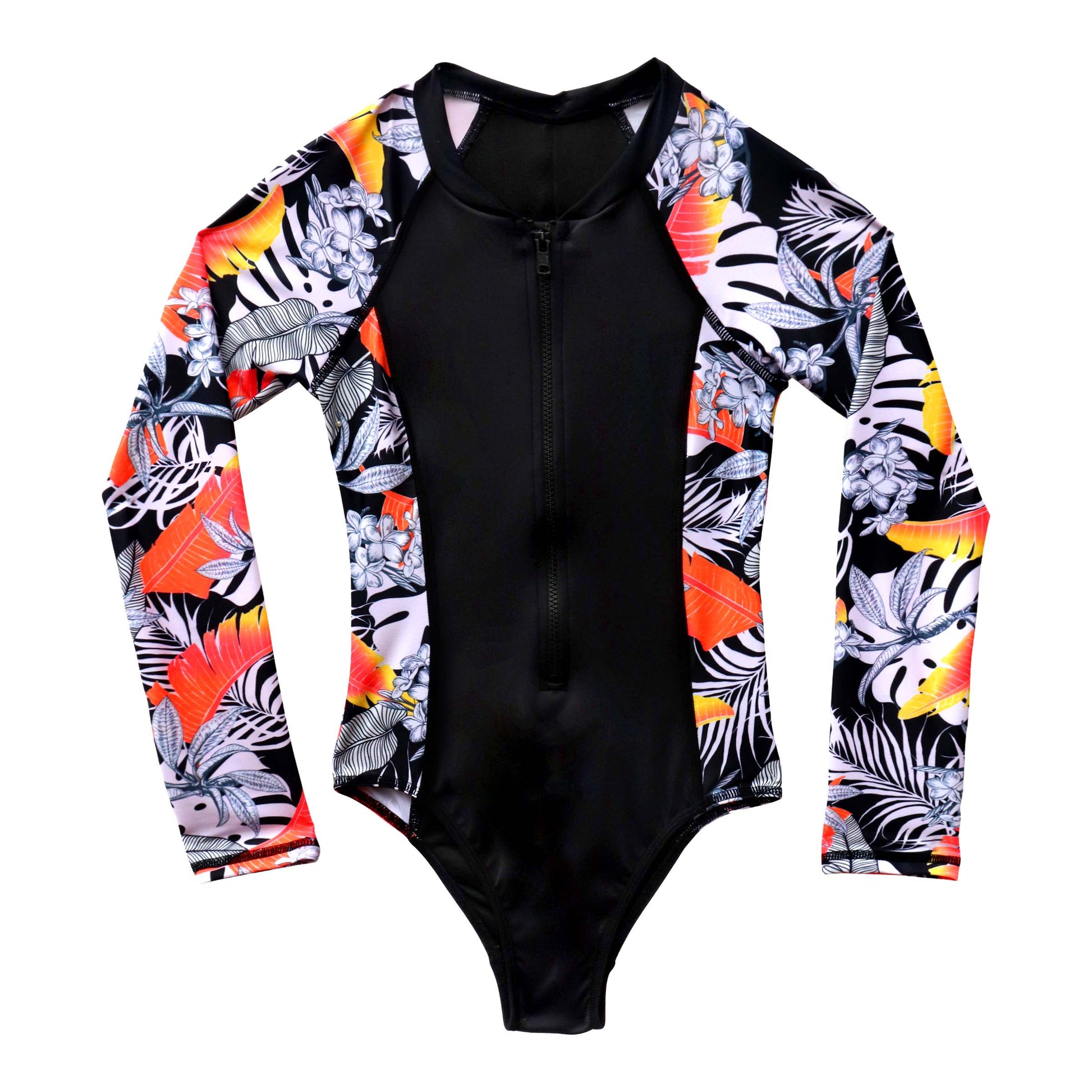 Black swimsuit with colorful floral patterns on sleeves against a white background