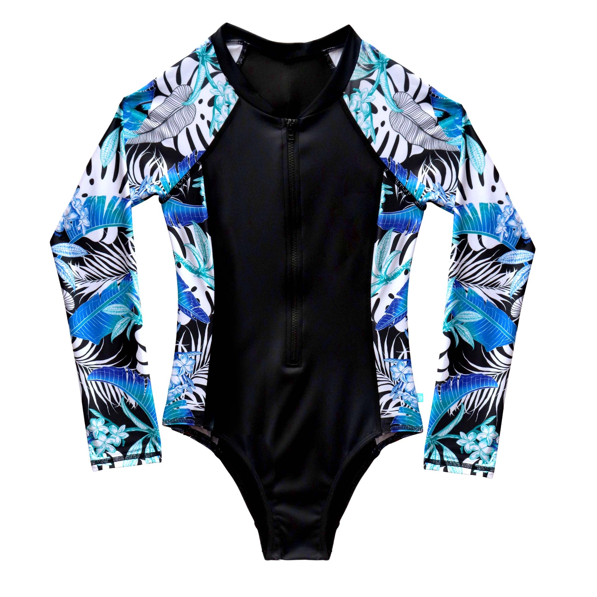 Black swimsuit with colorful zebra and leaf patterned cover-up on a white background