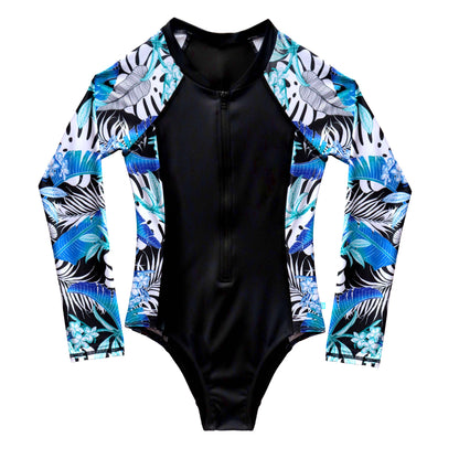 Black swimsuit with colorful zebra and leaf patterned cover-up on a white background