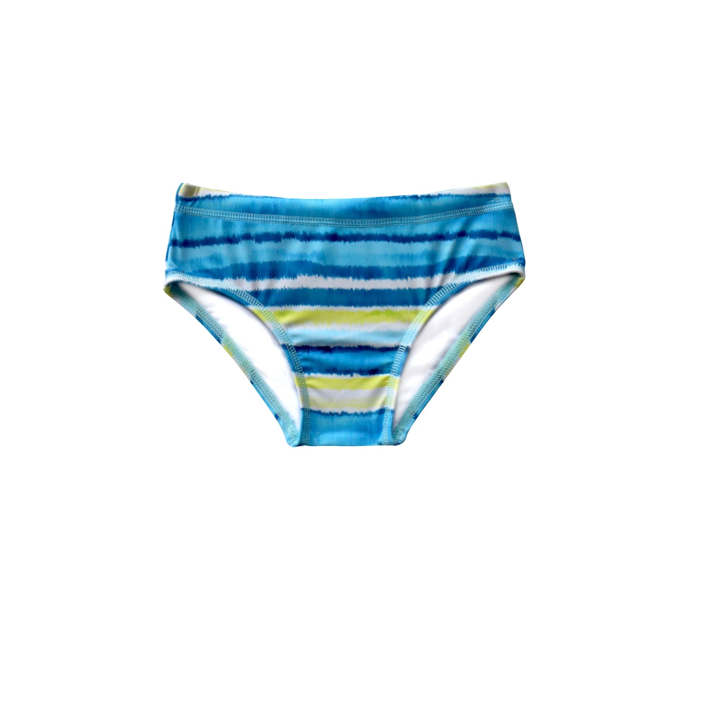 Blue and yellow striped boys swim pant on a white background