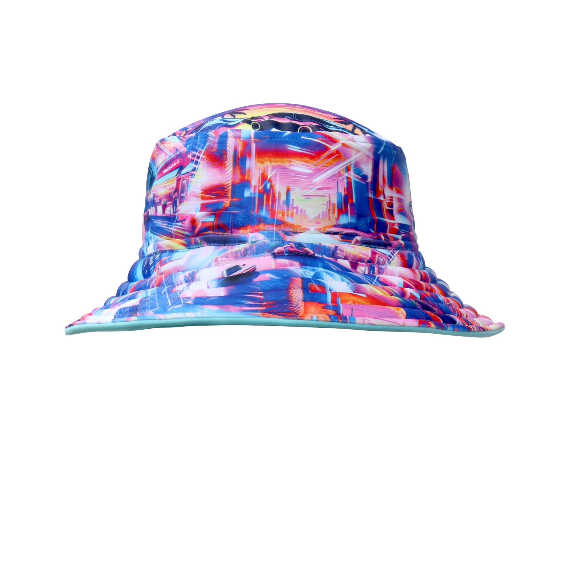 Colorful boys bucket swim hat with abstract pattern on a white background