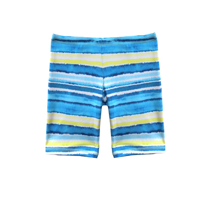 Blue and yellow striped swim jammers on a white background