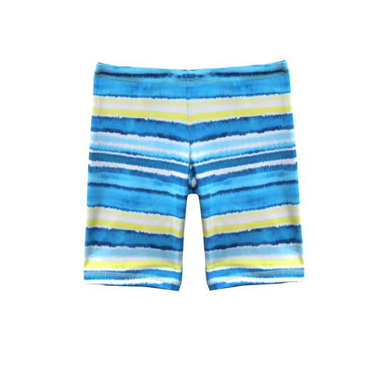 Blue and yellow striped swim jammers on a white background
