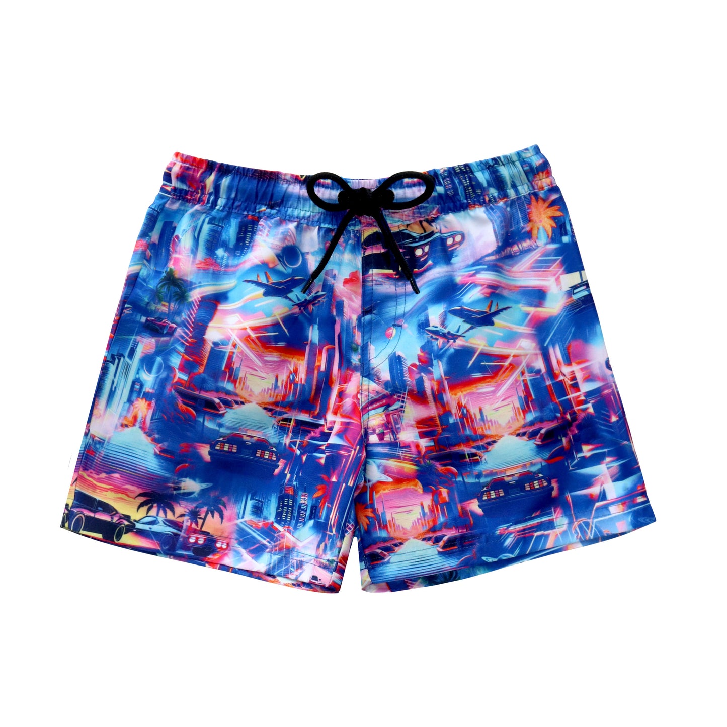 Colorful boy swim shorts with abstract design on a white background