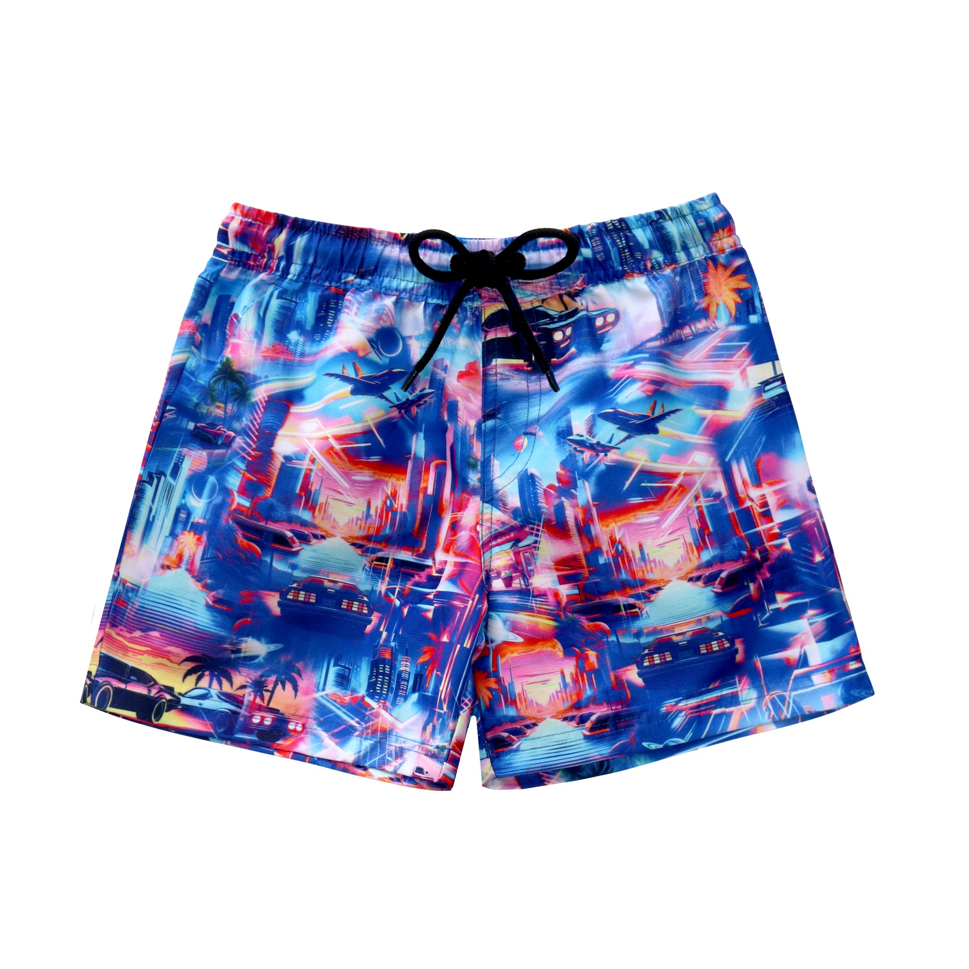 Colorful boy swim shorts with abstract design on a white background