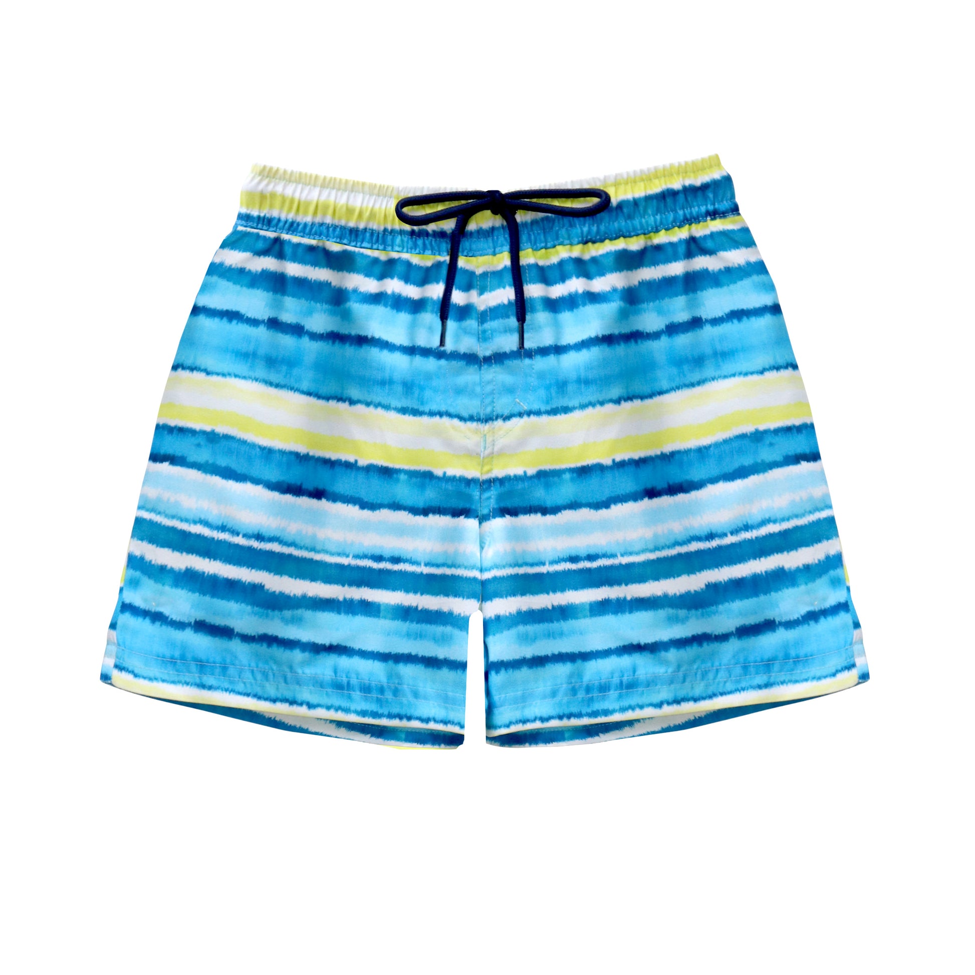 Blue and yellow striped salty ink boys  swim shorts on a white background